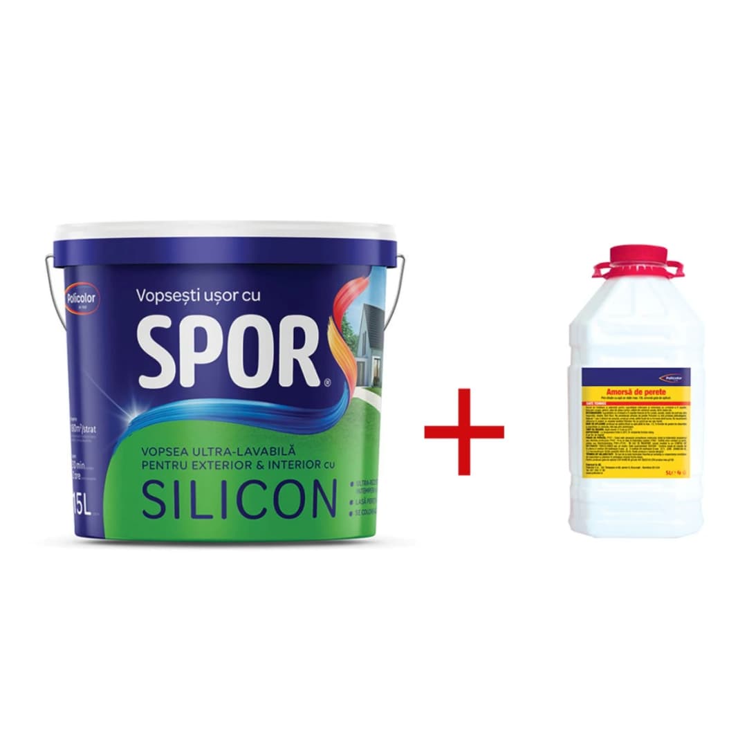 SPOR Silicon 15l+cadou amorsa 5l 1:2l, vopsea ultra-lavabila alba pentru ext. si int. 