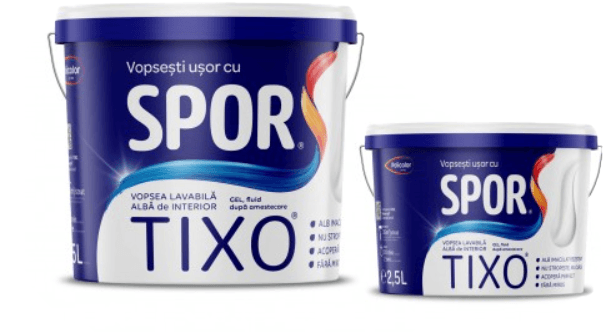 SPOR TIXO 15l+ 2,5L vopsea cadou, vopsea super-lavabila-gel alba de int. pentru pereti si tavan