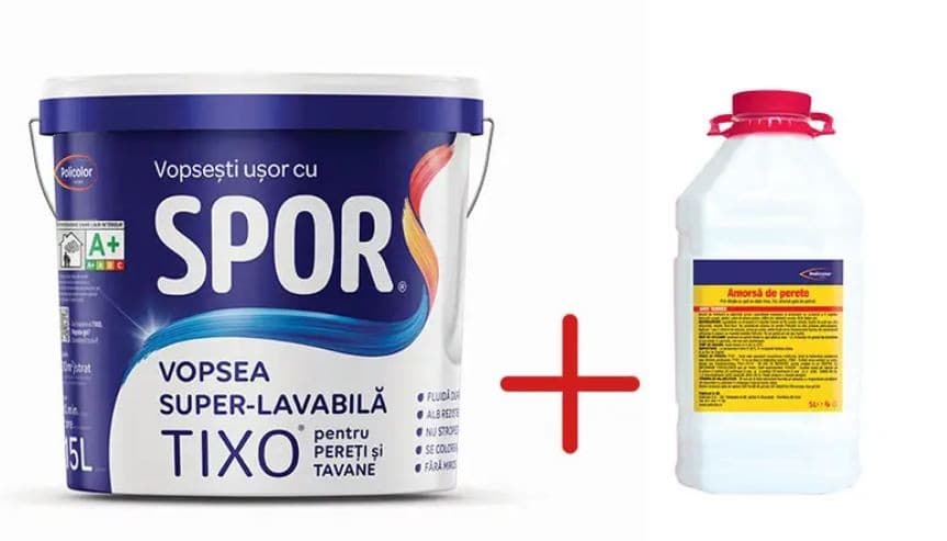 SPOR TIXO 15l+ Amorsa 4l cadou, vopsea super-lavabila-gel alba de int. pentru pereti si tavan